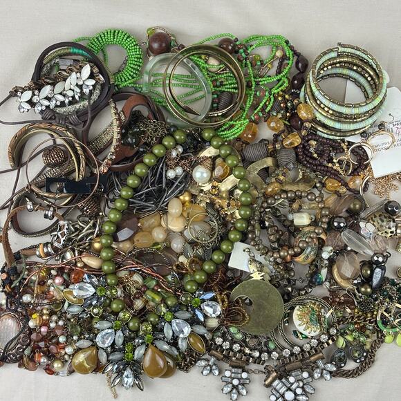Craft Jewelry Lot - 3 lbs Earthy Green Brown Bronze Tone Bead Stone Statement - Picture 1 of 12
